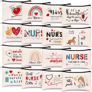 Kolewo4ever 16 Pieces Nurse Survival Kit Nurse Practitioner Gifts Nurse Appreciation Gifts Nurses Week Gifts Nursing Makeup Bags Cosmetic Funny Travel Pouch Bag for Women Nurses