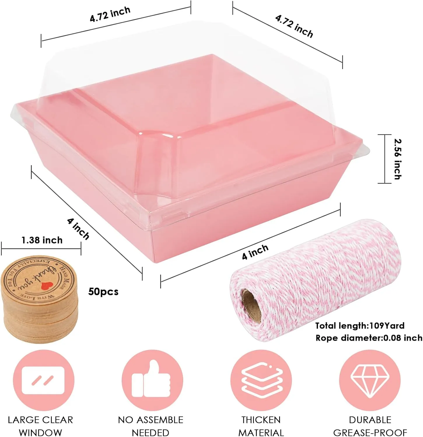 Kosotody 50 Pack Charcuterie Boxes with Clear Lids, 4 Inches Pink Oil-Proof Kraft Paper Food Containers Bakery Boxes for Sandwich, Cookies, Hot Cocoa, Cupcakes and Strawberries