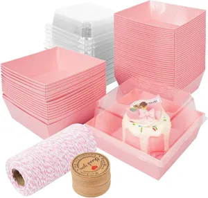 Kosotody 50 Pack Charcuterie Boxes with Clear Lids, 4 Inches Pink Oil-Proof Kraft Paper Food Containers Bakery Boxes for Sandwich, Cookies, Hot Cocoa, Cupcakes and Strawberries