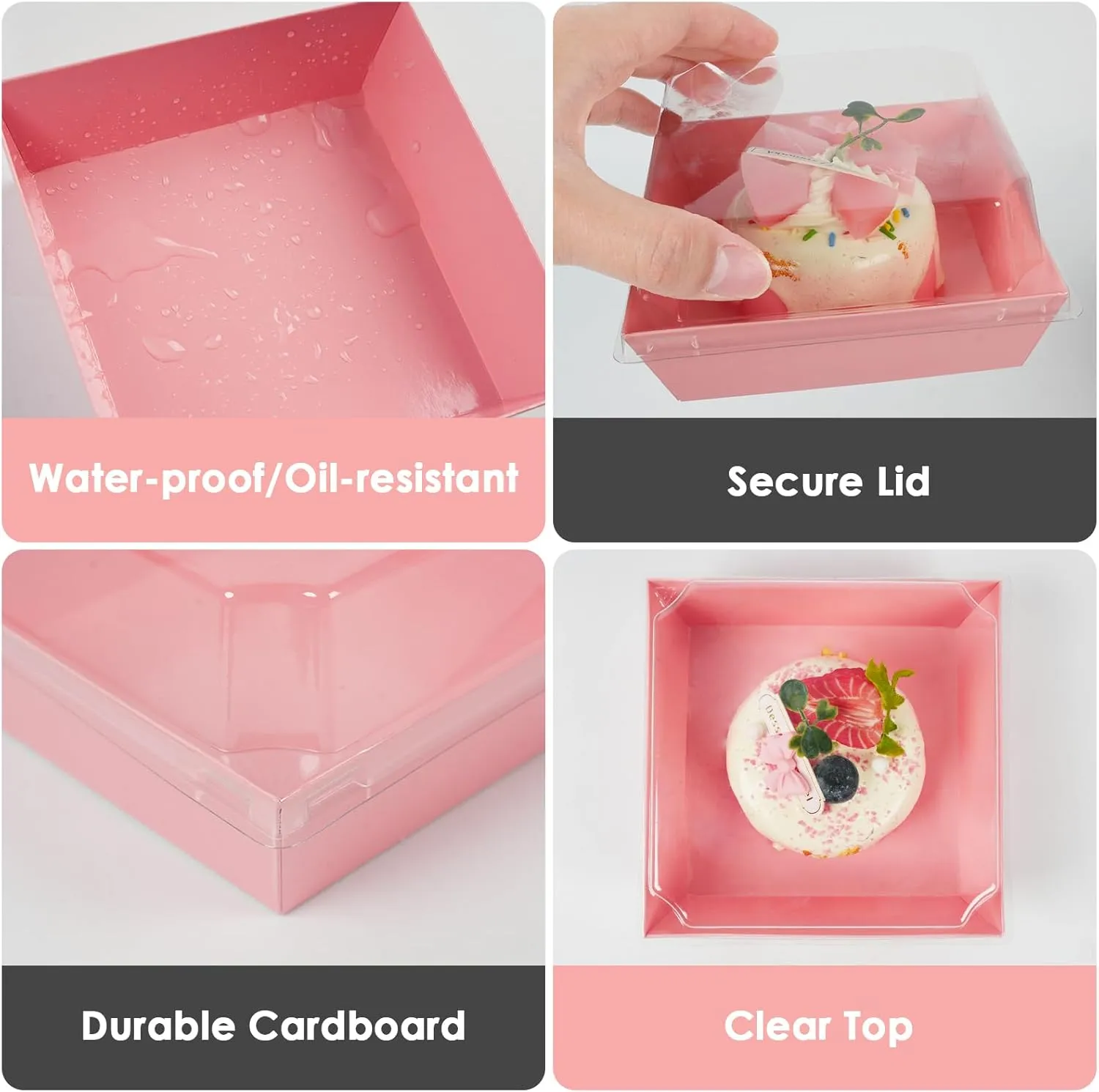 Kosotody 50 Pack Charcuterie Boxes with Clear Lids, 4 Inches Pink Oil-Proof Kraft Paper Food Containers Bakery Boxes for Sandwich, Cookies, Hot Cocoa, Cupcakes and Strawberries