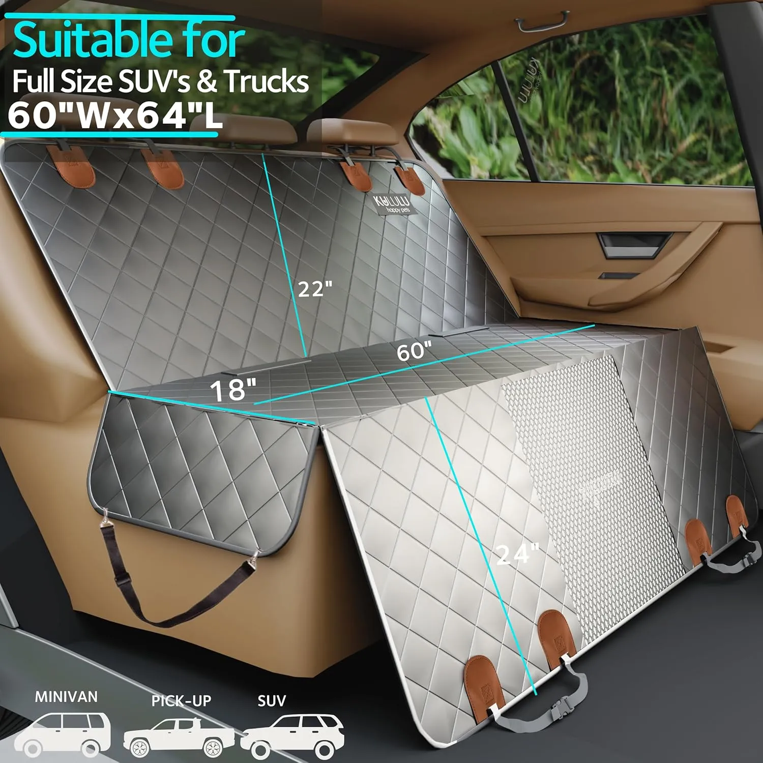 KULULU Truck Size Dog Car Seat Cover, 100% Waterproof with Mesh Window, Scratchproof, Grey, X-Large (60" W x 64" L)