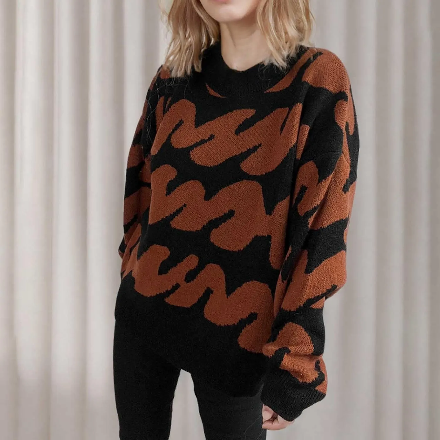 Ladies Winter Sweater 2024 Print Wave Striped Knitted Wide Hem Tops Long Sleeve Crewneck Casual Loose Fashion Outwear