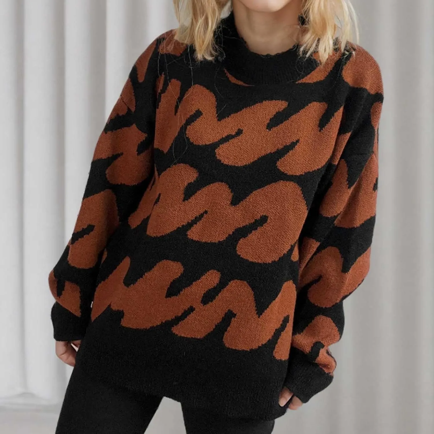 Ladies Winter Sweater 2024 Print Wave Striped Knitted Wide Hem Tops Long Sleeve Crewneck Casual Loose Fashion Outwear