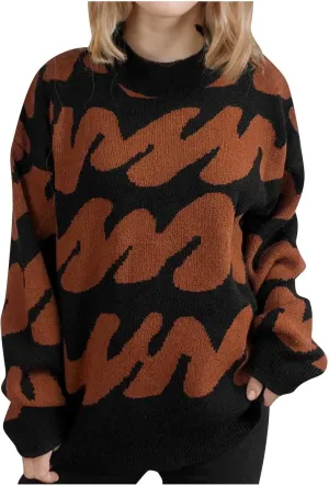 Ladies Winter Sweater 2024 Print Wave Striped Knitted Wide Hem Tops Long Sleeve Crewneck Casual Loose Fashion Outwear