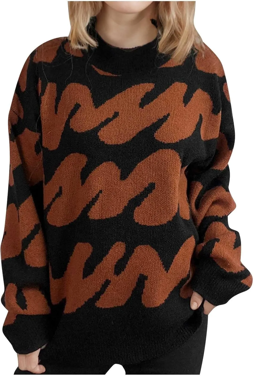 Ladies Winter Sweater 2024 Print Wave Striped Knitted Wide Hem Tops Long Sleeve Crewneck Casual Loose Fashion Outwear