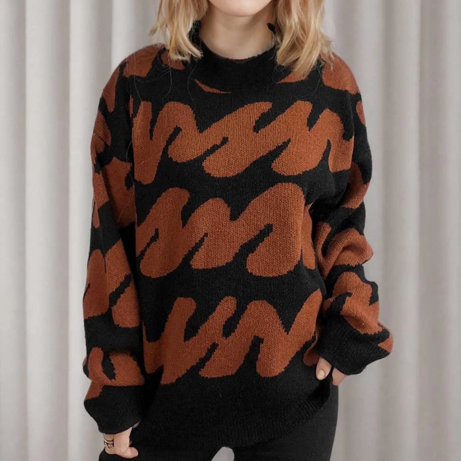 Ladies Winter Sweater 2024 Print Wave Striped Knitted Wide Hem Tops Long Sleeve Crewneck Casual Loose Fashion Outwear