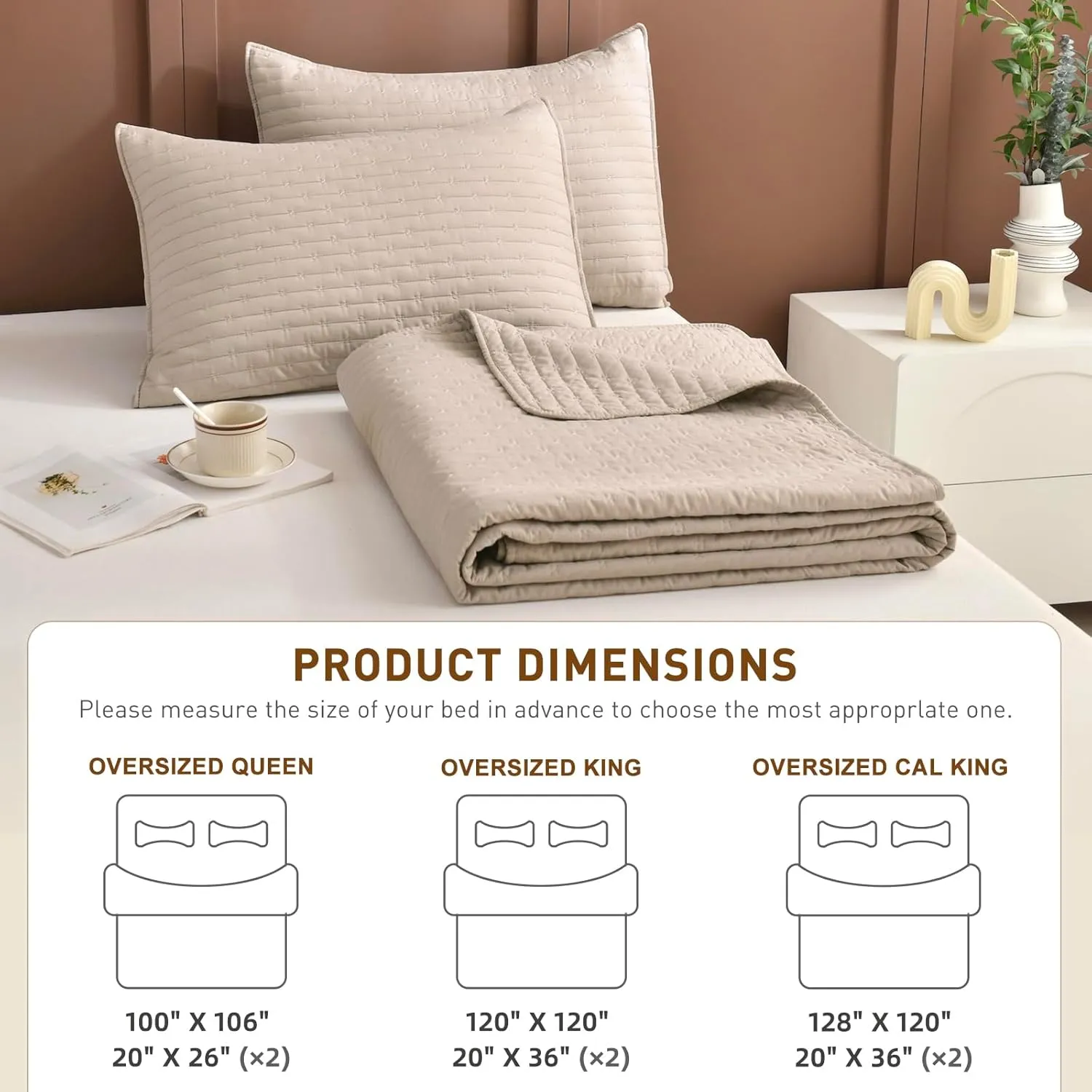 Lady Ann Queen Size Bedspread Set 100x106, 3pcs Oversized Queen Quilt Bedding Set Linen Feel Summer Queen Bed Quilted Coverlet Lightweight and Thin Comforter Bed Cover All Season Ultra Soft and Cozy