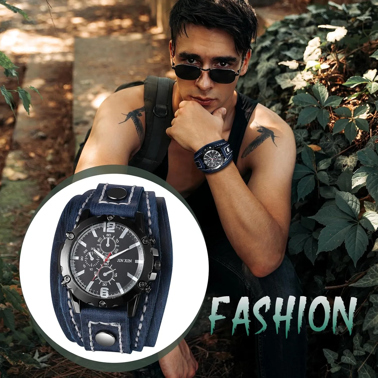 Lancardo Men Steampunk Leather Watch: Black Dial Multi-Layer Leather Strap Wide Cuff Analog Quartz Watch Three-Eye Decorative Valentines Day