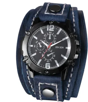 Lancardo Men Steampunk Leather Watch: Black Dial Multi-Layer Leather Strap Wide Cuff Analog Quartz Watch Three-Eye Decorative Valentines Day