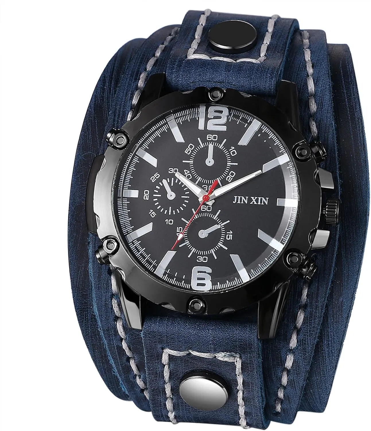 Lancardo Men Steampunk Leather Watch: Black Dial Multi-Layer Leather Strap Wide Cuff Analog Quartz Watch Three-Eye Decorative Valentines Day