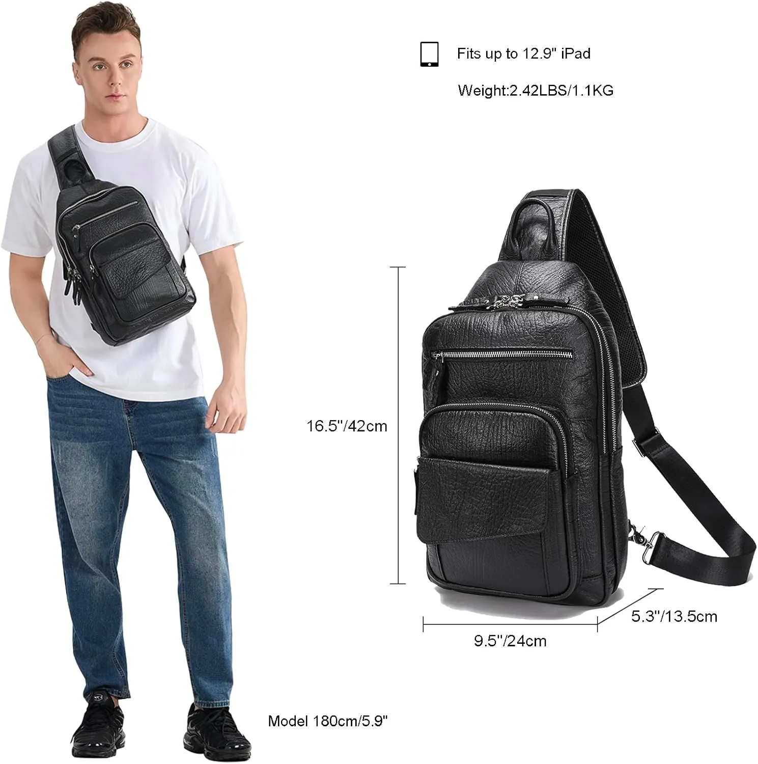 LANNSYNE Full Grain Leather Casual Sling Bag For Men Hiking/Travel/Business Crossbody Chest Bag Fits 12.9" iPad