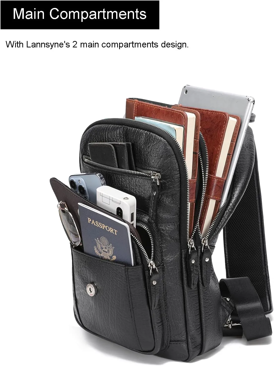 LANNSYNE Full Grain Leather Casual Sling Bag For Men Hiking/Travel/Business Crossbody Chest Bag Fits 12.9" iPad