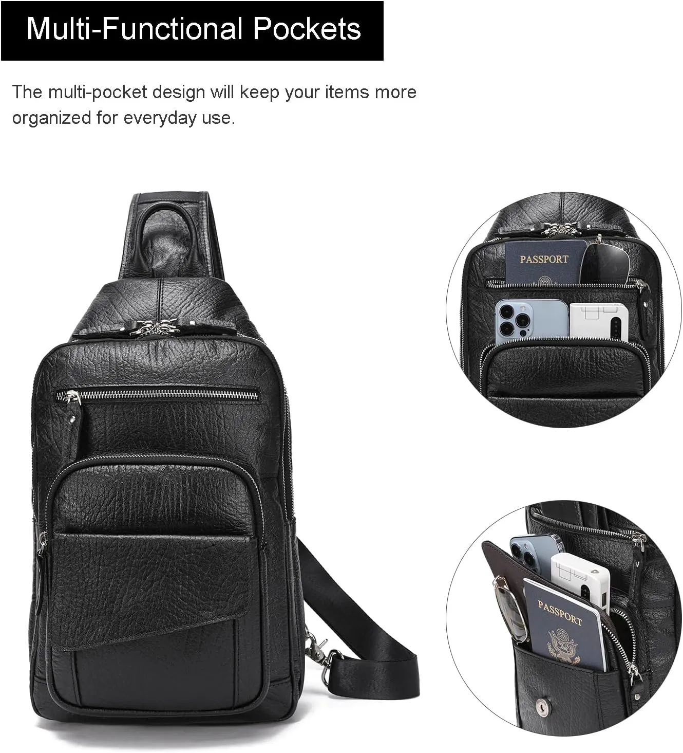 LANNSYNE Full Grain Leather Casual Sling Bag For Men Hiking/Travel/Business Crossbody Chest Bag Fits 12.9" iPad
