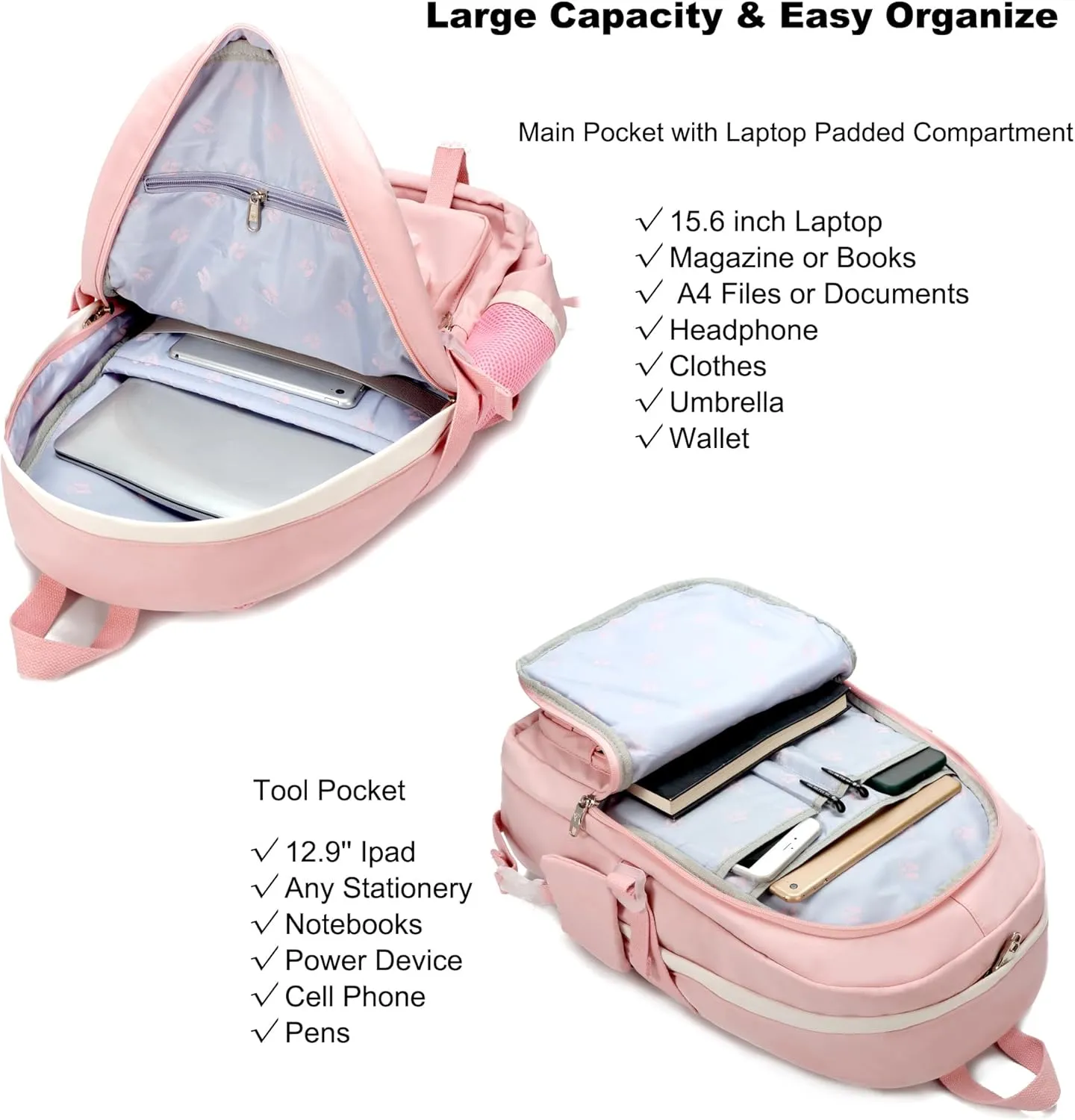 Laptop Backpacks 15.6 Inch College Backpack Elementary Middle High School Bag Large Cute Bookbags Anti Theft Travel Back Pack Casual Daypack Kids Book Bag for Teens Girls Women Students (Pink)
