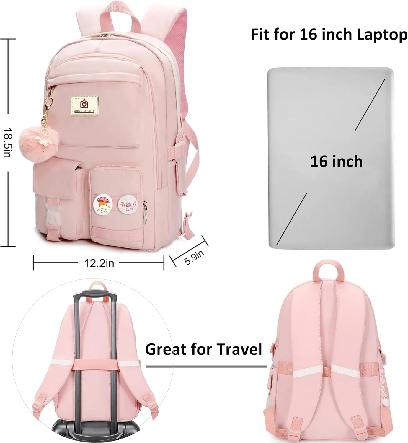 Laptop Backpacks 15.6 Inch College Backpack Elementary Middle High School Bag Large Cute Bookbags Anti Theft Travel Back Pack Casual Daypack Kids Book Bag for Teens Girls Women Students (Pink)
