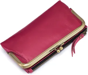 Large Bifold Wallet for Women Ladies Oil-waxed Leather Purse RFID-Blocking Credit Card Holder with Kiss-Lock Pocket