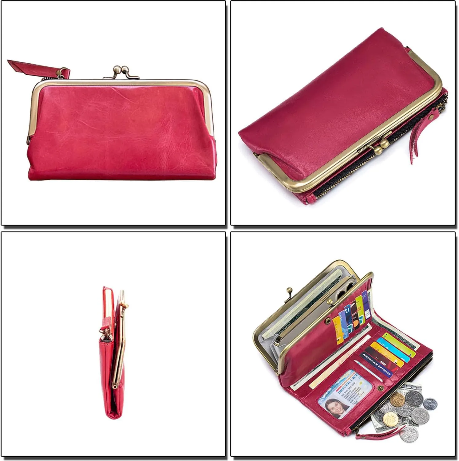 Large Bifold Wallet for Women Ladies Oil-waxed Leather Purse RFID-Blocking Credit Card Holder with Kiss-Lock Pocket