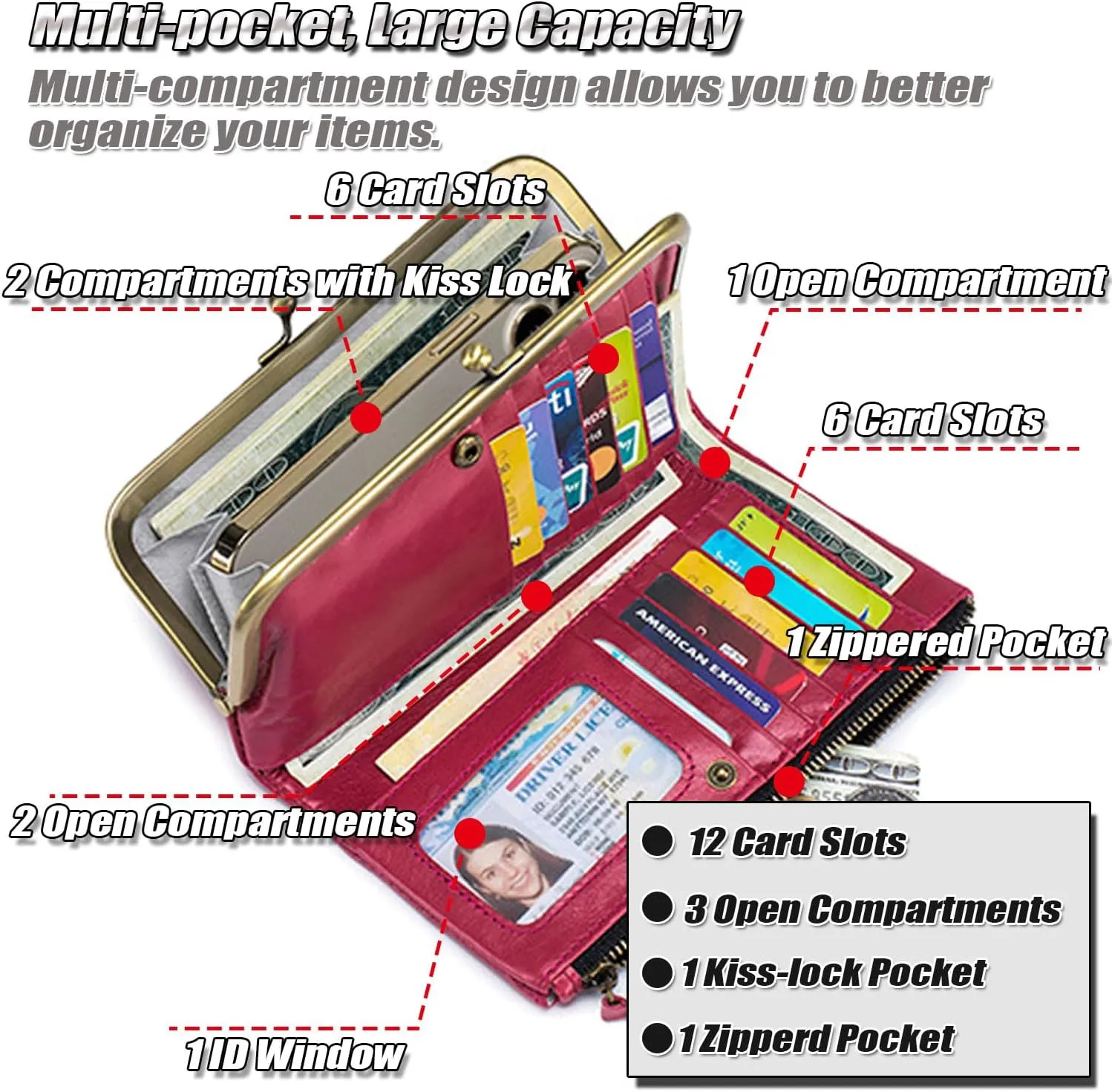 Large Bifold Wallet for Women Ladies Oil-waxed Leather Purse RFID-Blocking Credit Card Holder with Kiss-Lock Pocket
