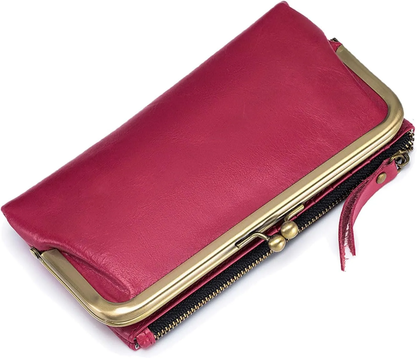 Large Bifold Wallet for Women Ladies Oil-waxed Leather Purse RFID-Blocking Credit Card Holder with Kiss-Lock Pocket