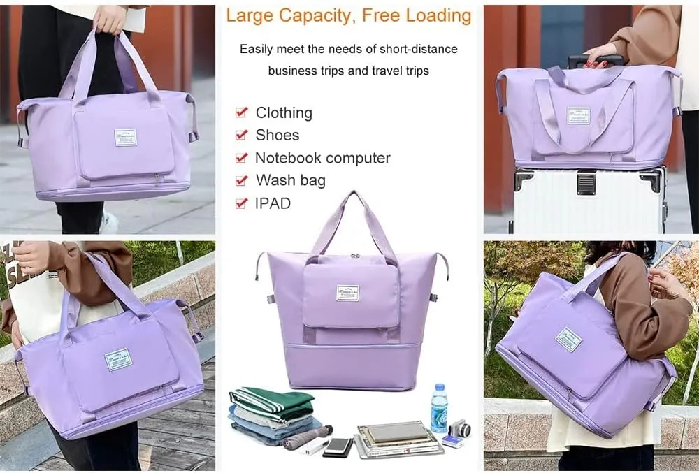 Large Capacity Folding Travel Bag, Foldable Travel Duffel Bag, Dry and Wet Separation Sports Portable Shoulder Bag, Lightweight Waterproof Carry Luggage Bag for Travel, Sports and Gym (Blue)