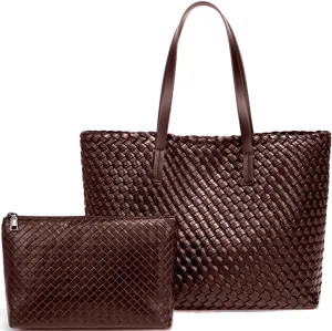 Large Capacity Shoulder Handbag Woven Leather Tote Bag with Matching Pouch Travel Lightweight