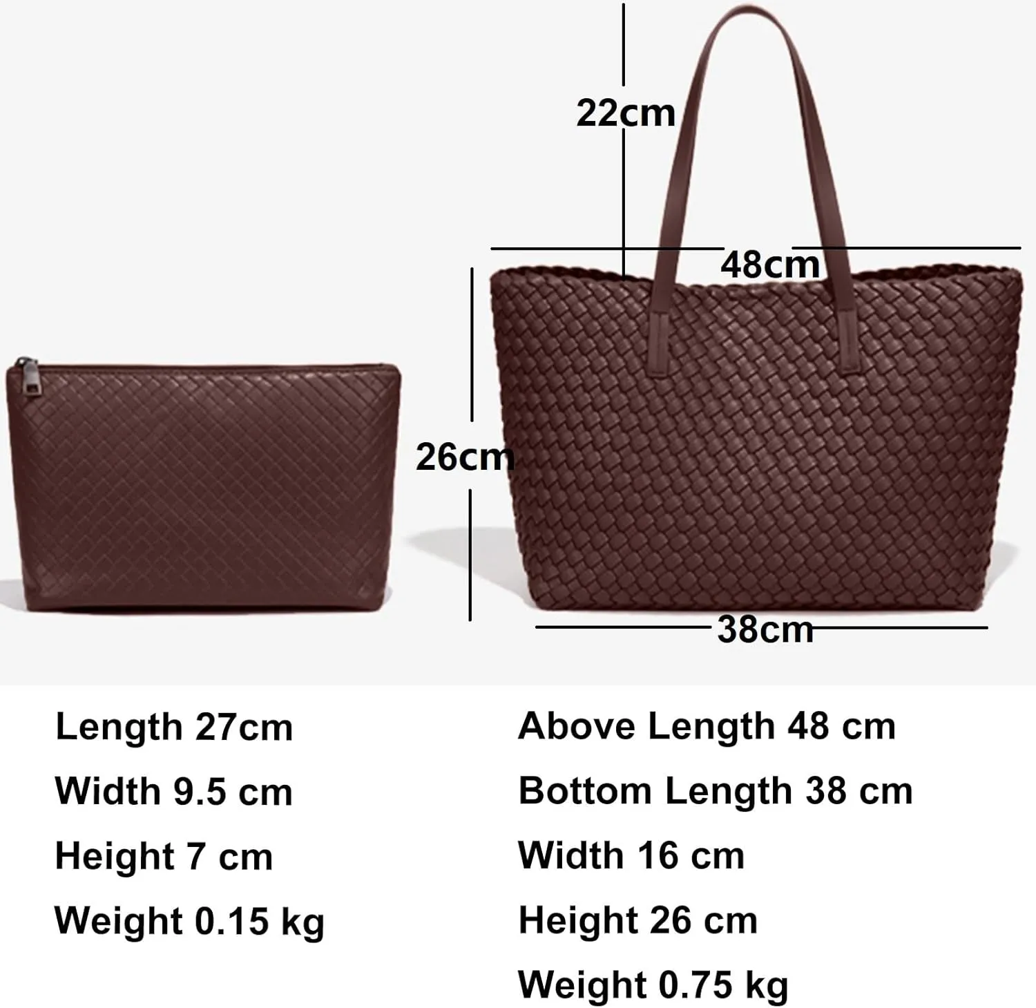 Large Capacity Shoulder Handbag Woven Leather Tote Bag with Matching Pouch Travel Lightweight