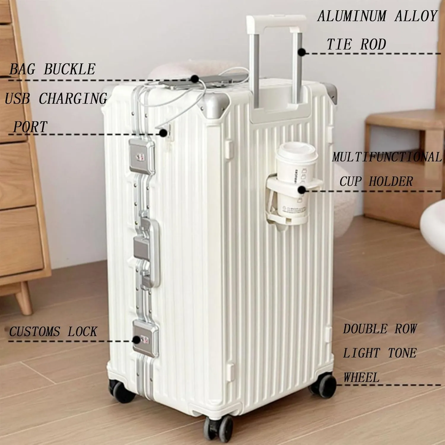 Large-Capacity Suitcase, Bag Buckle Charging Port Multi-Functional Cup Holder Suitcase for Business Trips and Travel,Silver-28 inches (Red 30 inches)