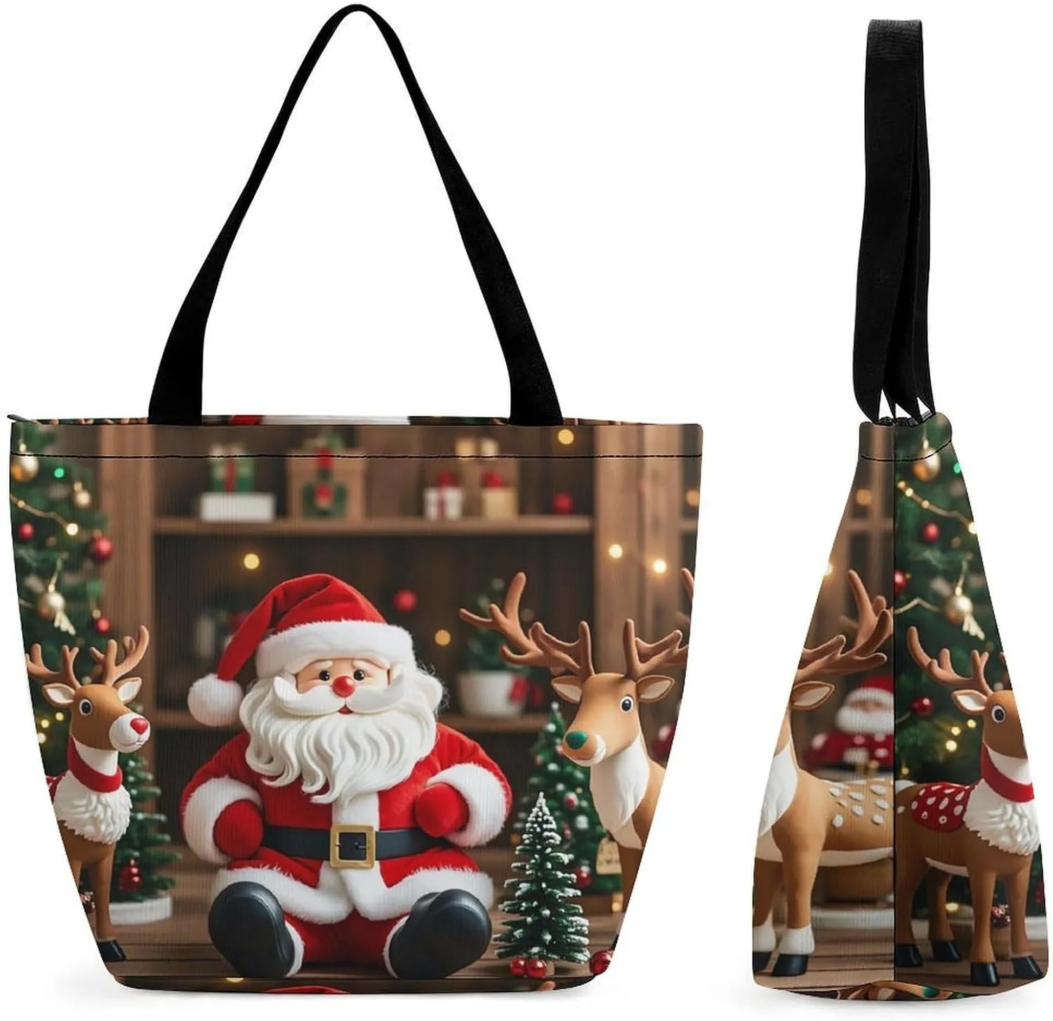 Large Grocery Bags Beach Tote Santa Claus Doll Reindeer Model Shopping Bag for Women Shoulder Bag for Travel Work Handbag