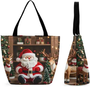 Large Grocery Bags Beach Tote Santa Claus Doll Reindeer Model Shopping Bag for Women Shoulder Bag for Travel Work Handbag