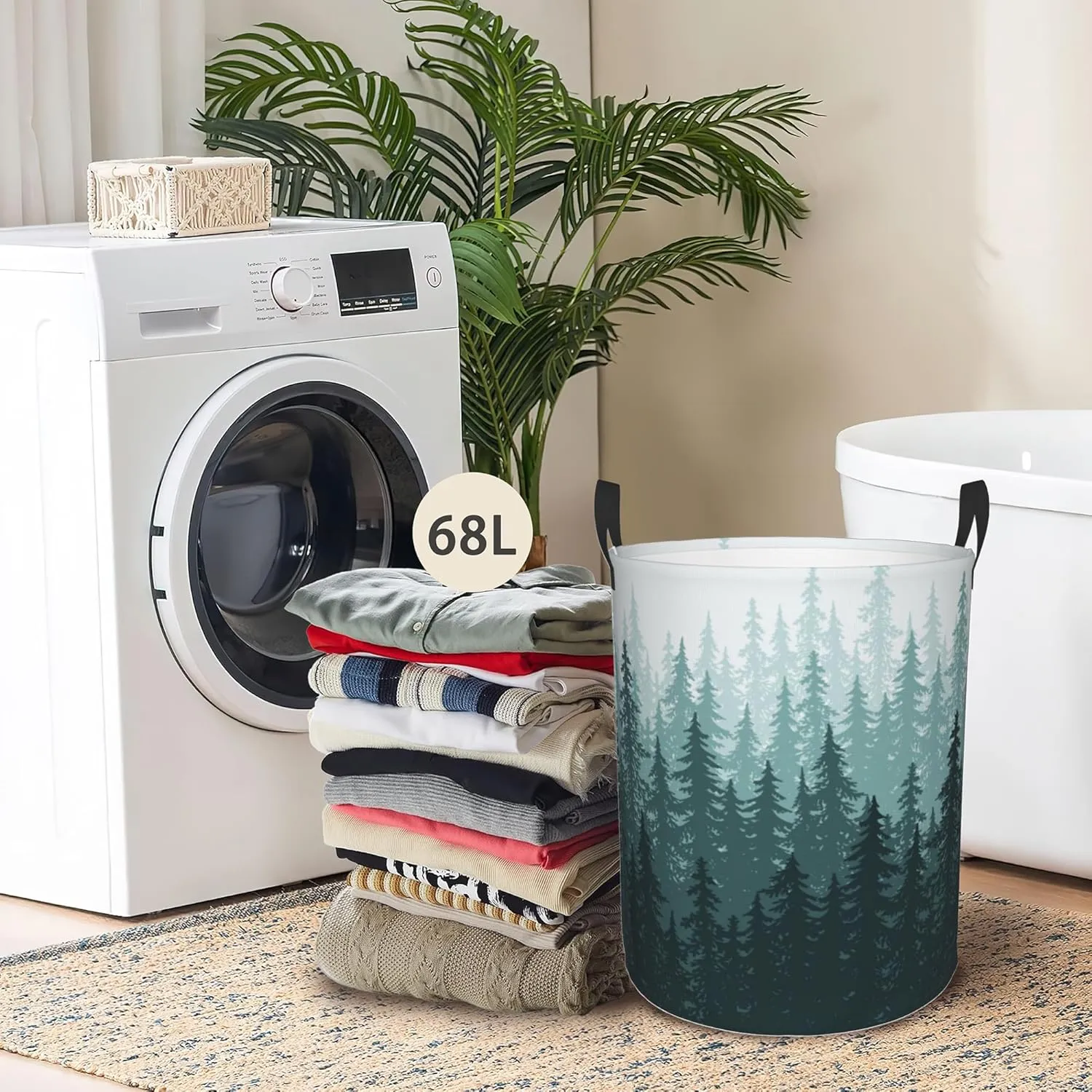 Laundry Basket, Dirty Clothes Basket, Foldable Waterproof Oxford Cloth Storage Basket for Bedroom, Bathroom, Clothes,Large Storage Basket Home Decoration(Misty Forest Landscape)