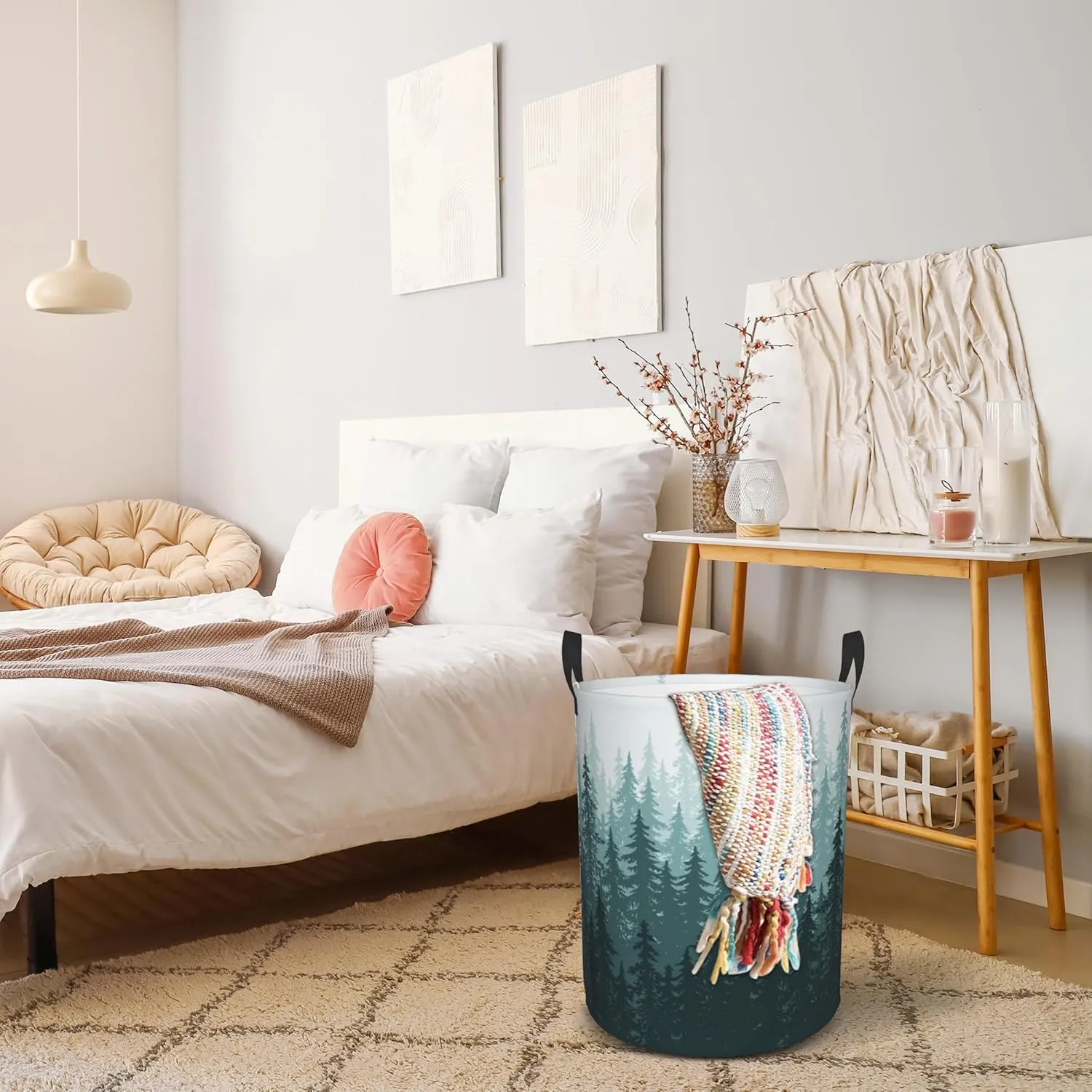 Laundry Basket, Dirty Clothes Basket, Foldable Waterproof Oxford Cloth Storage Basket for Bedroom, Bathroom, Clothes,Large Storage Basket Home Decoration(Misty Forest Landscape)