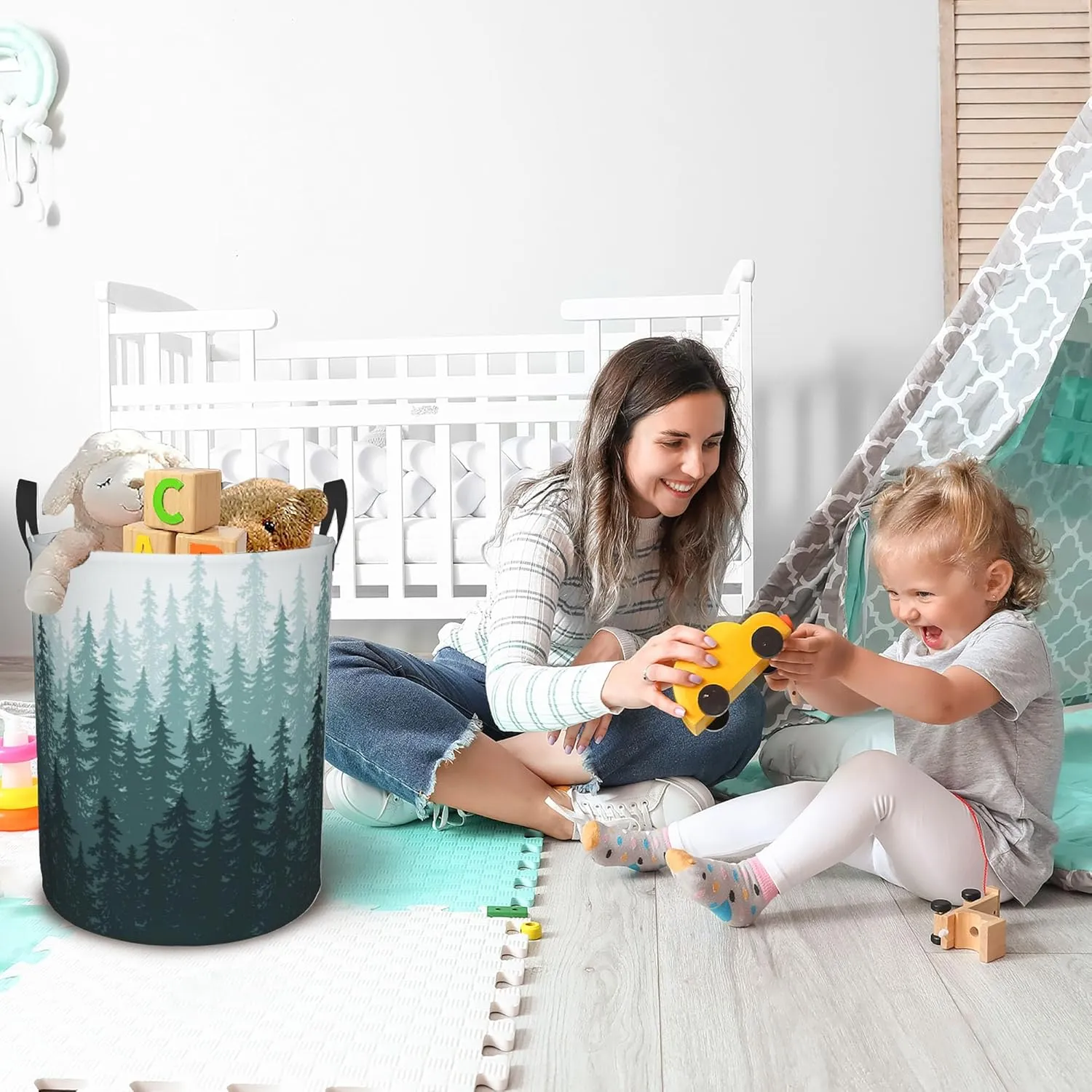 Laundry Basket, Dirty Clothes Basket, Foldable Waterproof Oxford Cloth Storage Basket for Bedroom, Bathroom, Clothes,Large Storage Basket Home Decoration(Misty Forest Landscape)