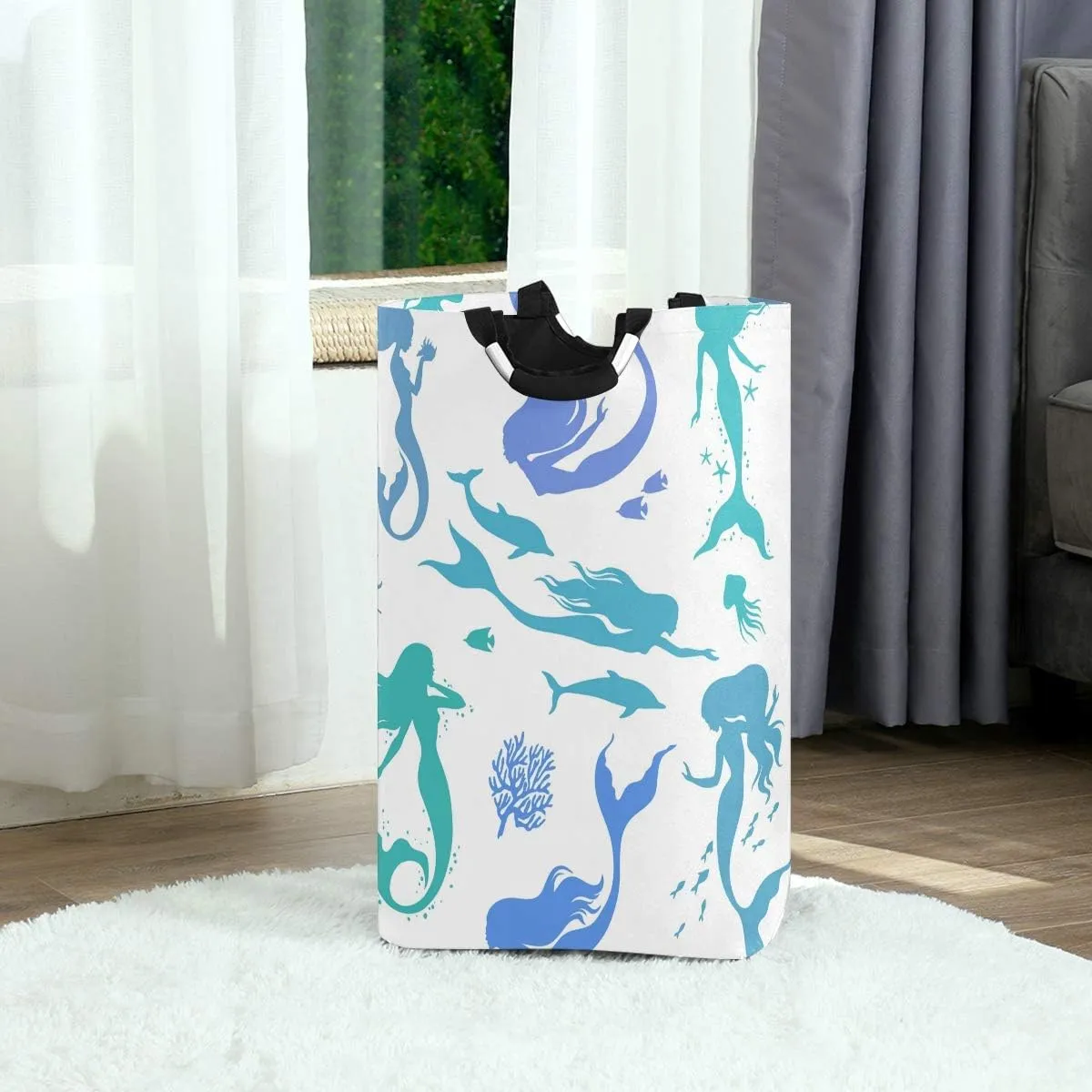 Laundry Hamper, Abstract Pattern Mermaid Ocean Animal Laundry Basket Washing Clothes Hamper Collapsible Storage Bin Foldable Shopping Bag Toy Book Holder