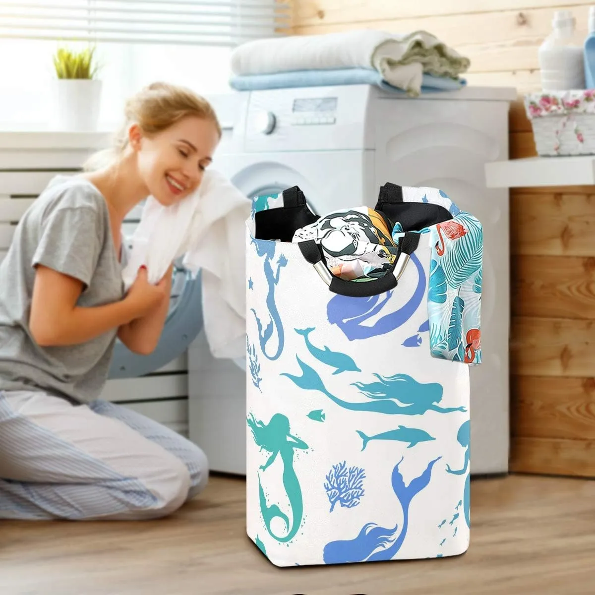 Laundry Hamper, Abstract Pattern Mermaid Ocean Animal Laundry Basket Washing Clothes Hamper Collapsible Storage Bin Foldable Shopping Bag Toy Book Holder