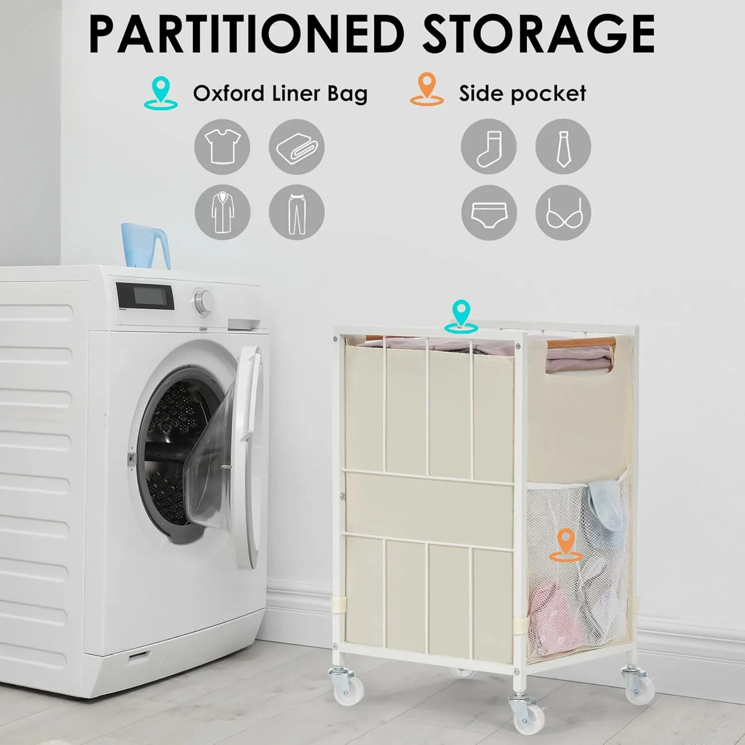 Laundry Hamper with Wheels and Adjustable Feet, 90L Laundry Basket with Removable Liner Bag, Beige