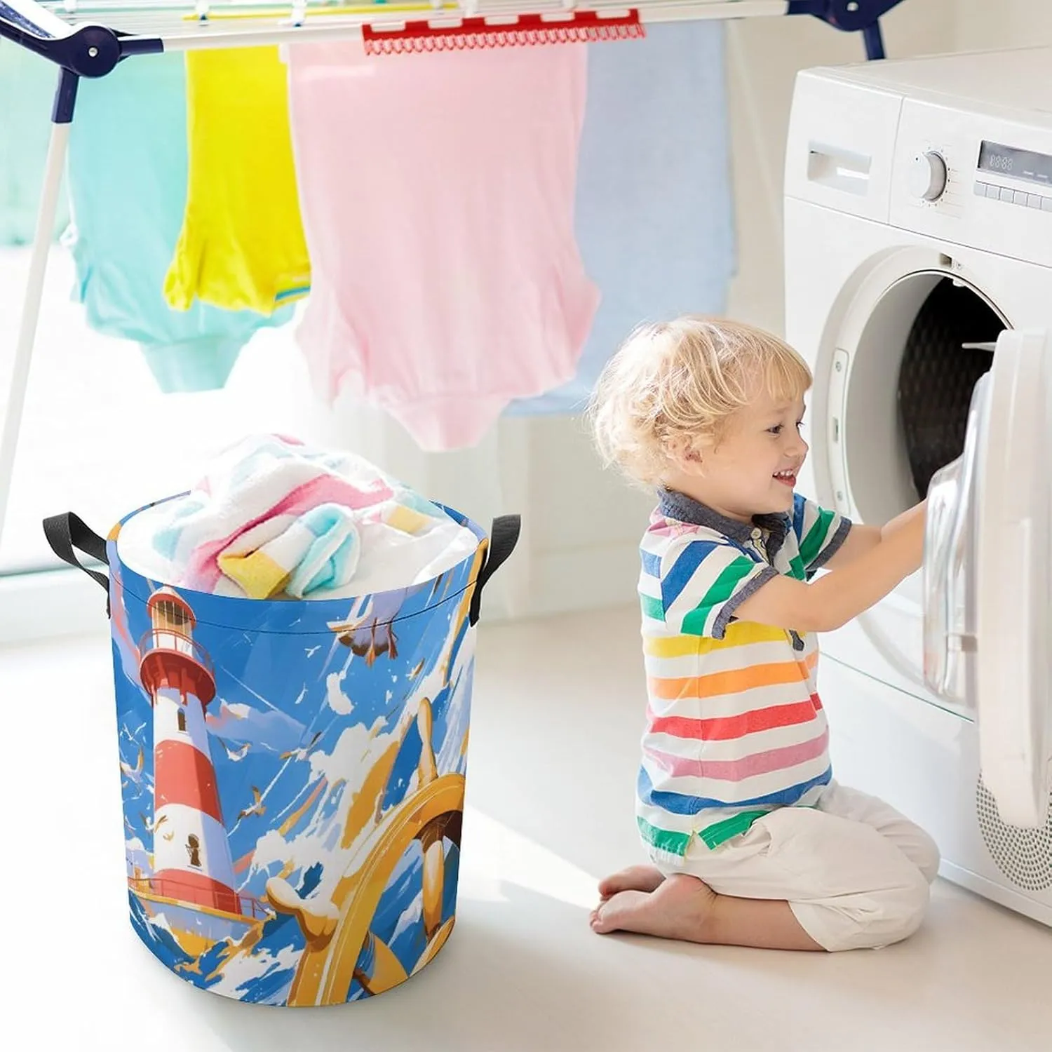 Laundry Hampers, Large Drawstring Laundry Bag, Removable Laundry Bags, Collapsible Storage Bin with Handles for Home Organization, Kids Room, Nursery Sky