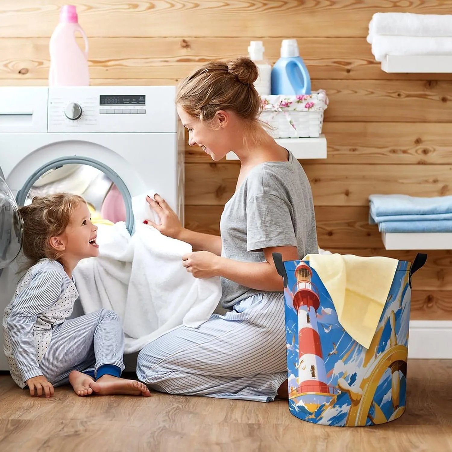 Laundry Hampers, Large Drawstring Laundry Bag, Removable Laundry Bags, Collapsible Storage Bin with Handles for Home Organization, Kids Room, Nursery Sky