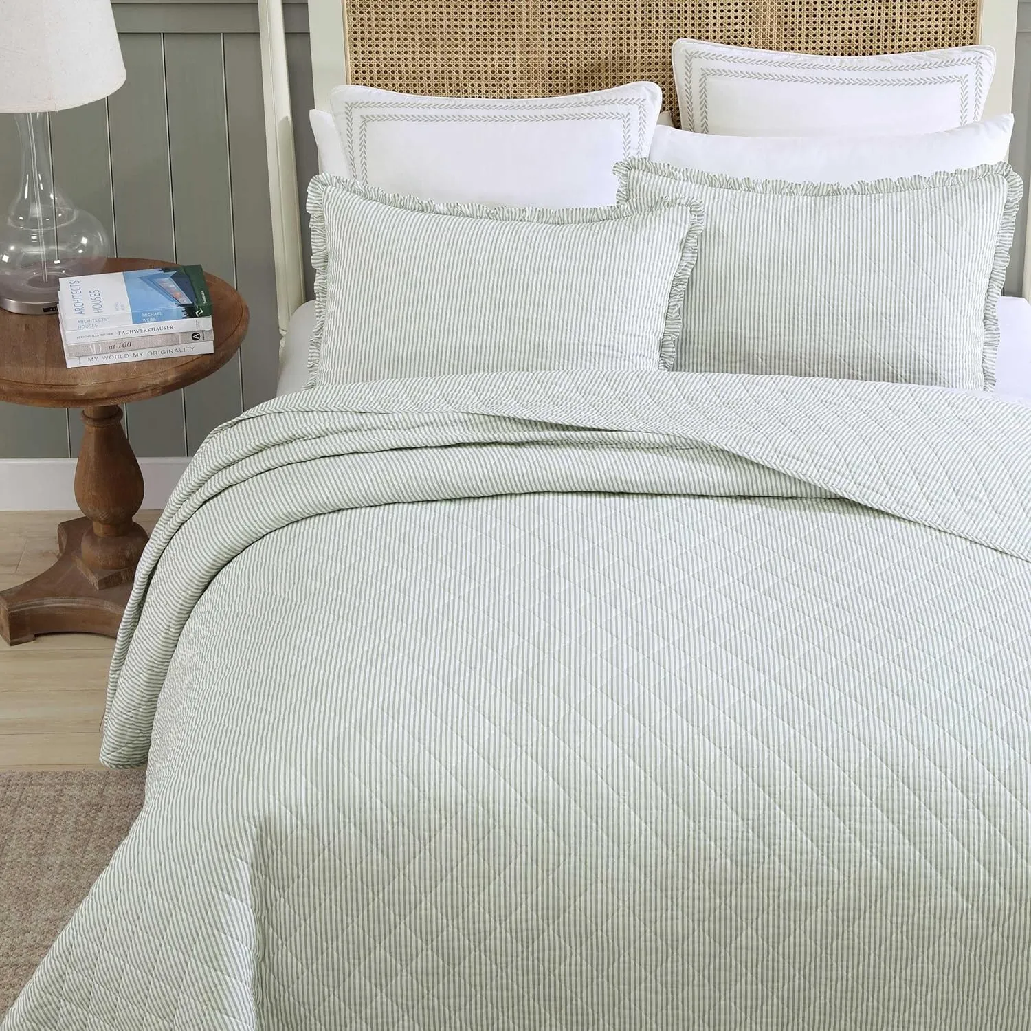 Laura Ashley - Full/Queen Quilt Set, Simple, Comfortable and Breathable Bedding with Matching Sham(s), Super Soft and Cozy Home Decor (Oxford Stripe Green, Full/Queen)