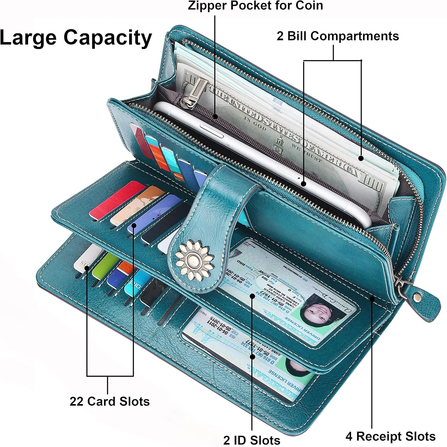 Lavemi Womens Large Capacity Genuine Leather RFID Blocking Wallets Wristlet Clutch Card Holder