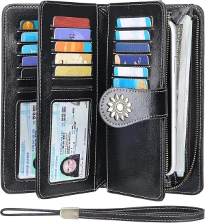 Lavemi Womens Large Capacity Genuine Leather RFID Blocking Wallets Wristlet Clutch Card Holder