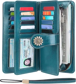 Lavemi Womens Large Capacity Genuine Leather RFID Blocking Wallets Wristlet Clutch Card Holder