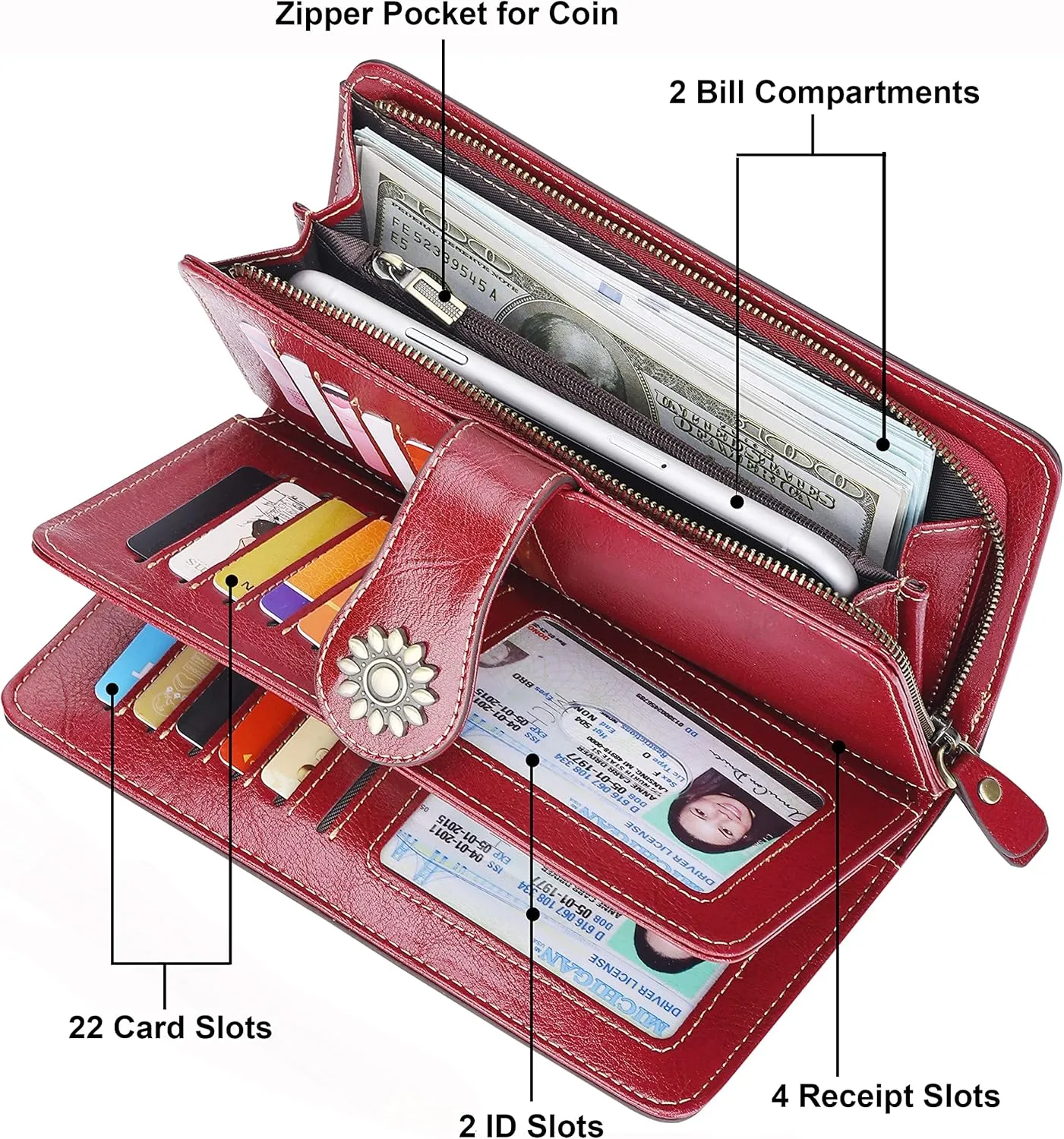 Lavemi Womens Large Capacity Genuine Leather RFID Blocking Wallets Wristlet Clutch Card Holder