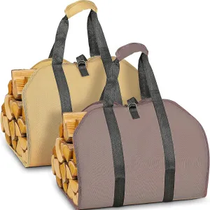 LBTING Firewood Log Carrier, 2 Pack Heavy Duty 900D Oxford Log Tote Wood Carrying Bag with Handle Security Strap, Suitable for Indoor Fireplace and Outdoor Camping - Brown & Khaki