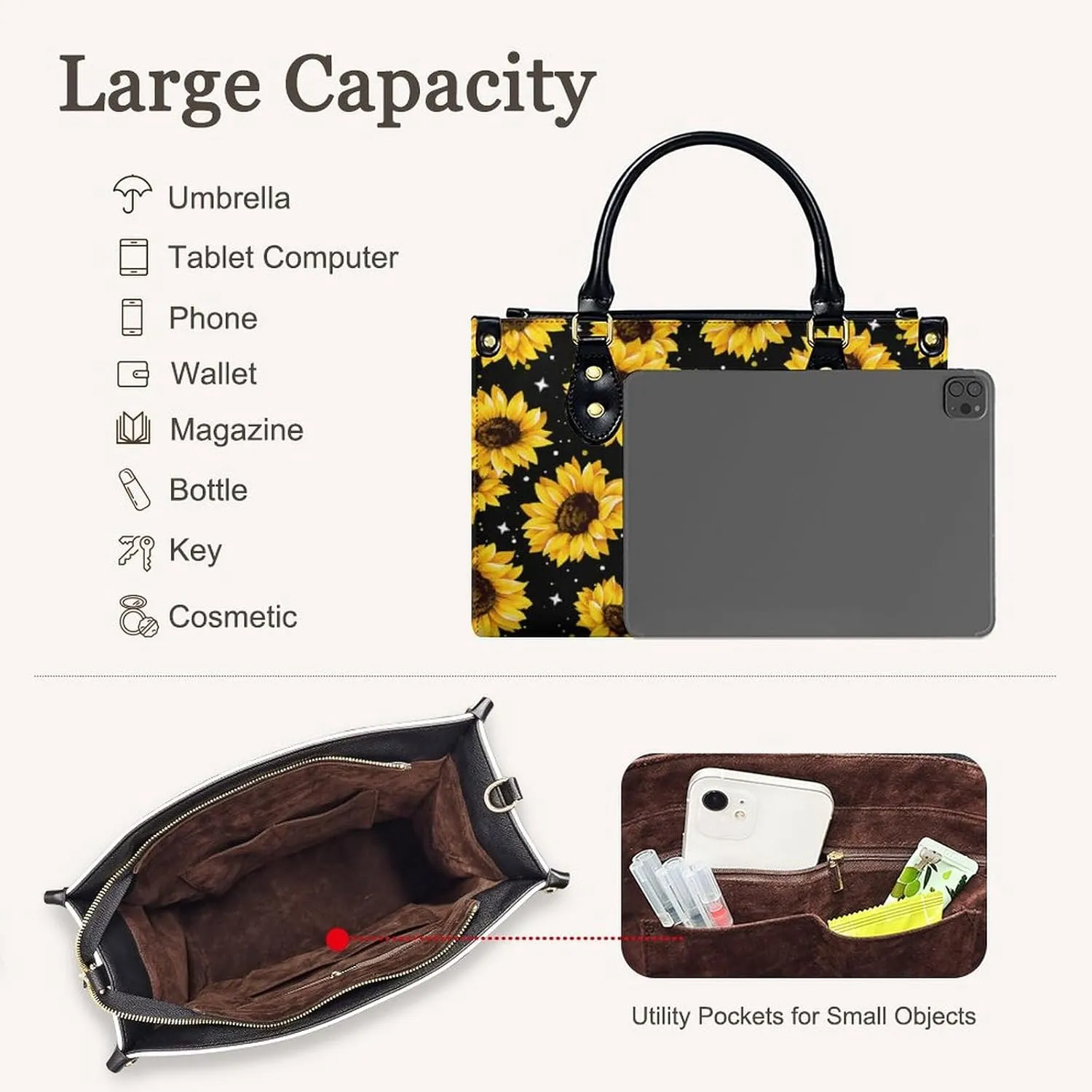 Leather Handbag for Women, Fashion Casual Sunflower Crossbody Bag for Women Ladies Gift for Work Business Travel Shopping