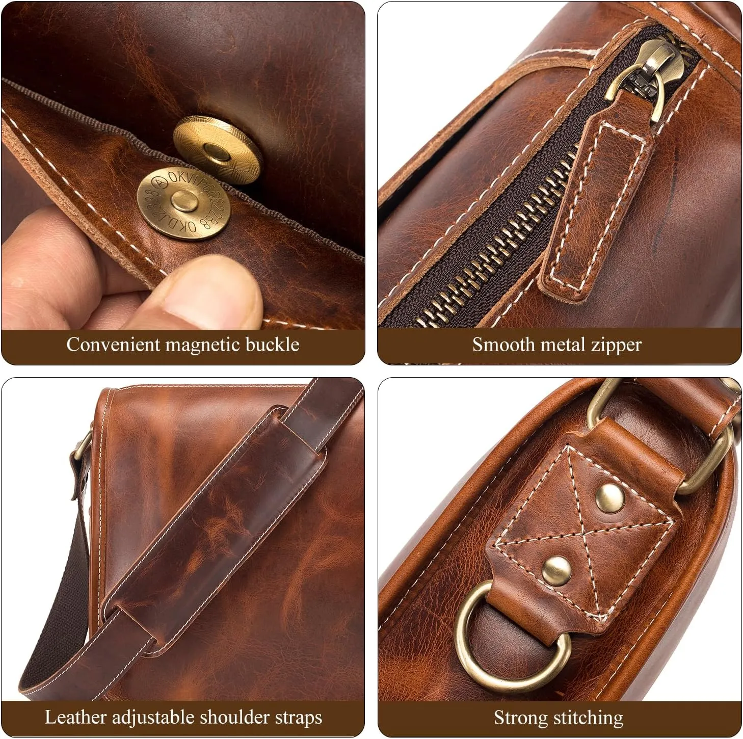 Leather Messenger Bag for Men Women Medium Satchel bag Retro Crossbody Shoulder bag Mens Purse Handbag