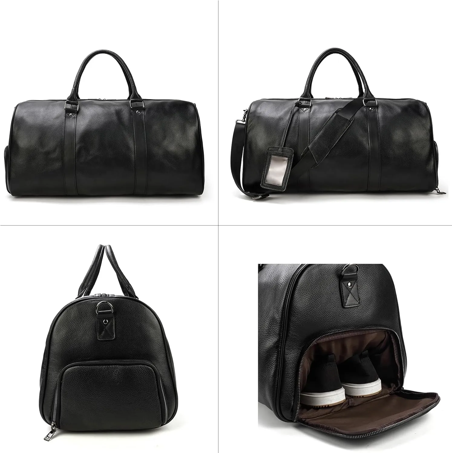 Leather Travel Bag Large Capacity Luggage Duffel Bag with Shoe Compartment, Men Women Weekend Shoulder Handbag for Holiday Business Trip (55cm-Black)