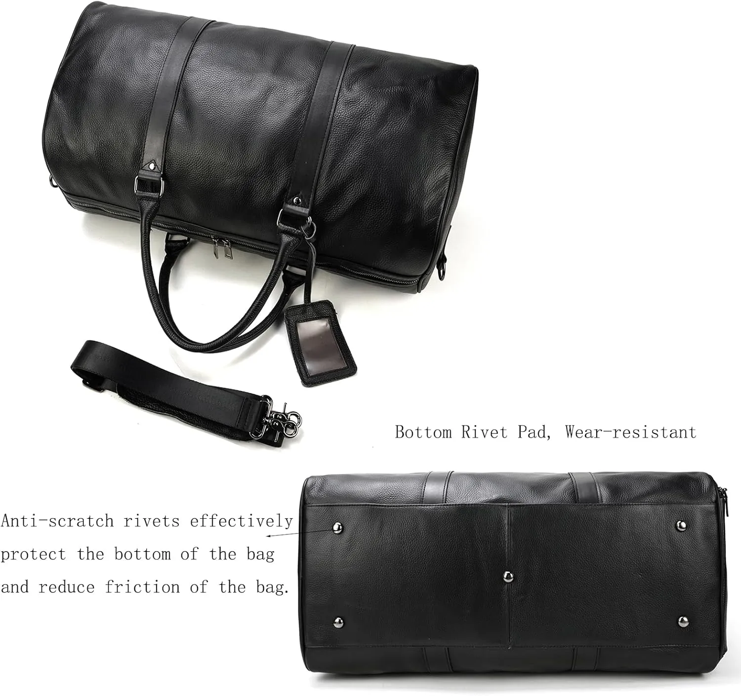 Leather Travel Bag Large Capacity Luggage Duffel Bag with Shoe Compartment, Men Women Weekend Shoulder Handbag for Holiday Business Trip (55cm-Black)