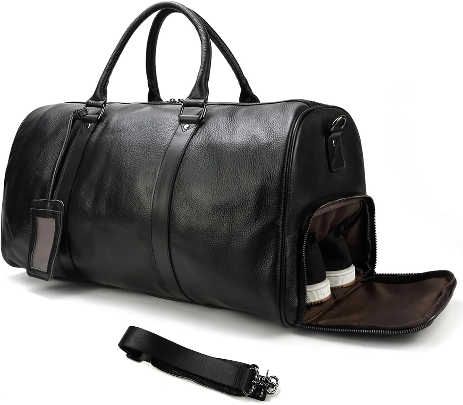 Leather Travel Bag Large Capacity Luggage Duffel Bag with Shoe Compartment, Men Women Weekend Shoulder Handbag for Holiday Business Trip (55cm-Black)