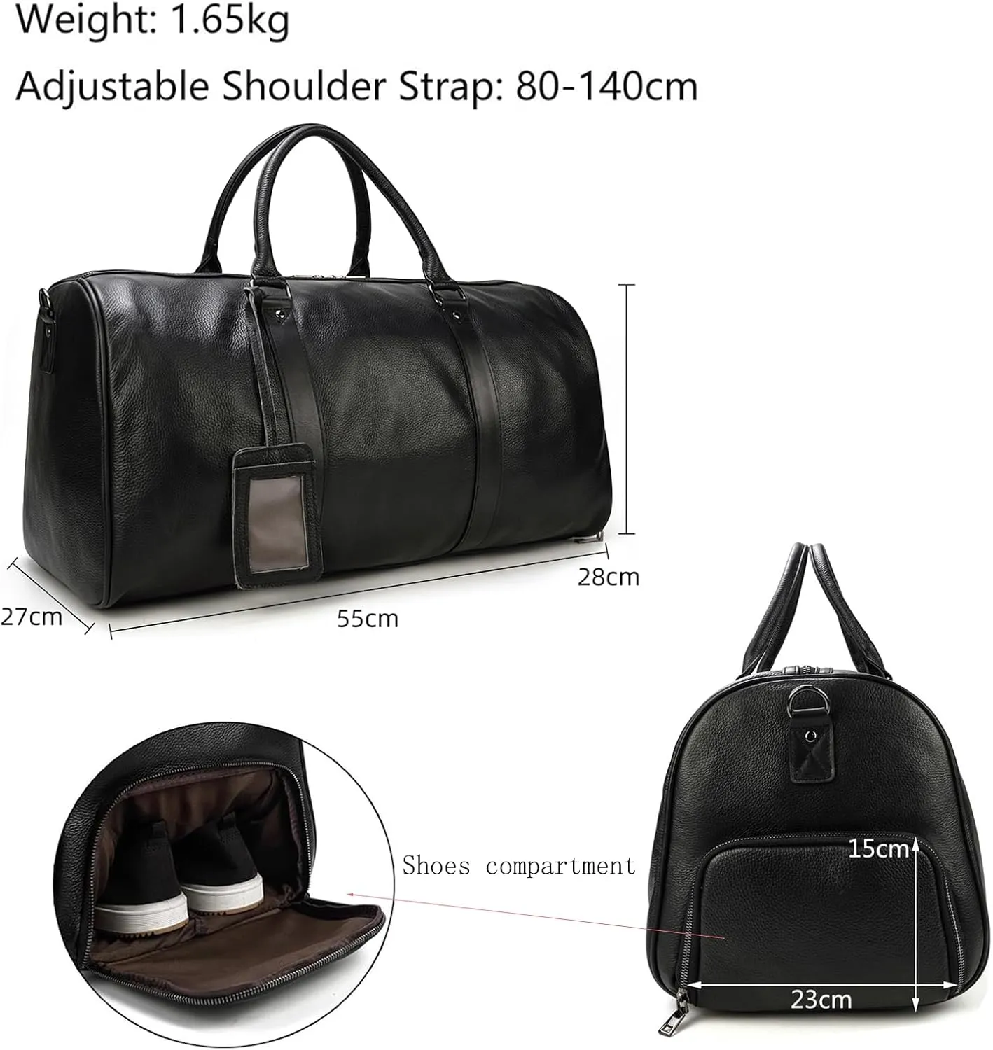 Leather Travel Bag Large Capacity Luggage Duffel Bag with Shoe Compartment, Men Women Weekend Shoulder Handbag for Holiday Business Trip (55cm-Black)
