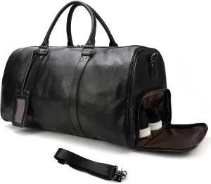 Leather Travel Bag Large Capacity Luggage Duffel Bag with Shoe Compartment, Men Women Weekend Shoulder Handbag for Holiday Business Trip (55cm-Black)